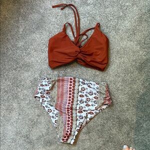 Rust Bikini Top and Patterned High-Waisted Bottoms